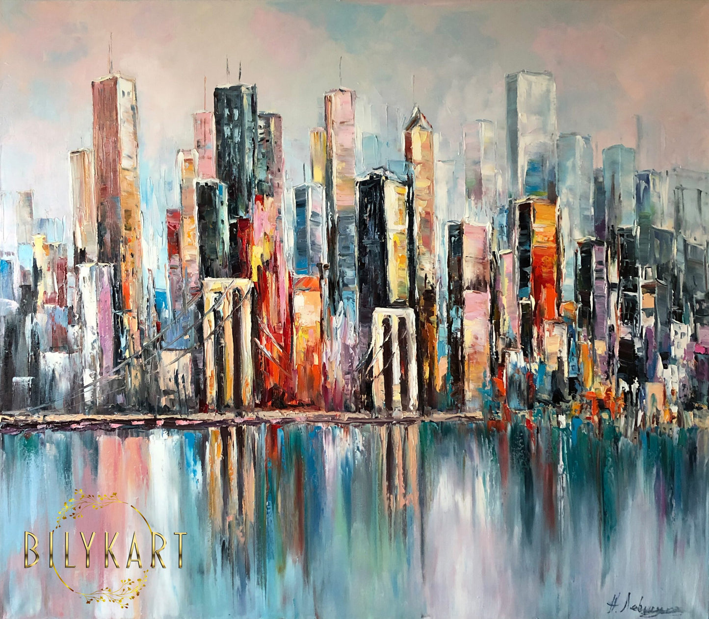 Large Abstract New York City Painting on Canvas, NY Brooklyn Bridge Oil Painting, NYC Skyline Wall Art, Sunset Abstract City Skyline Painting