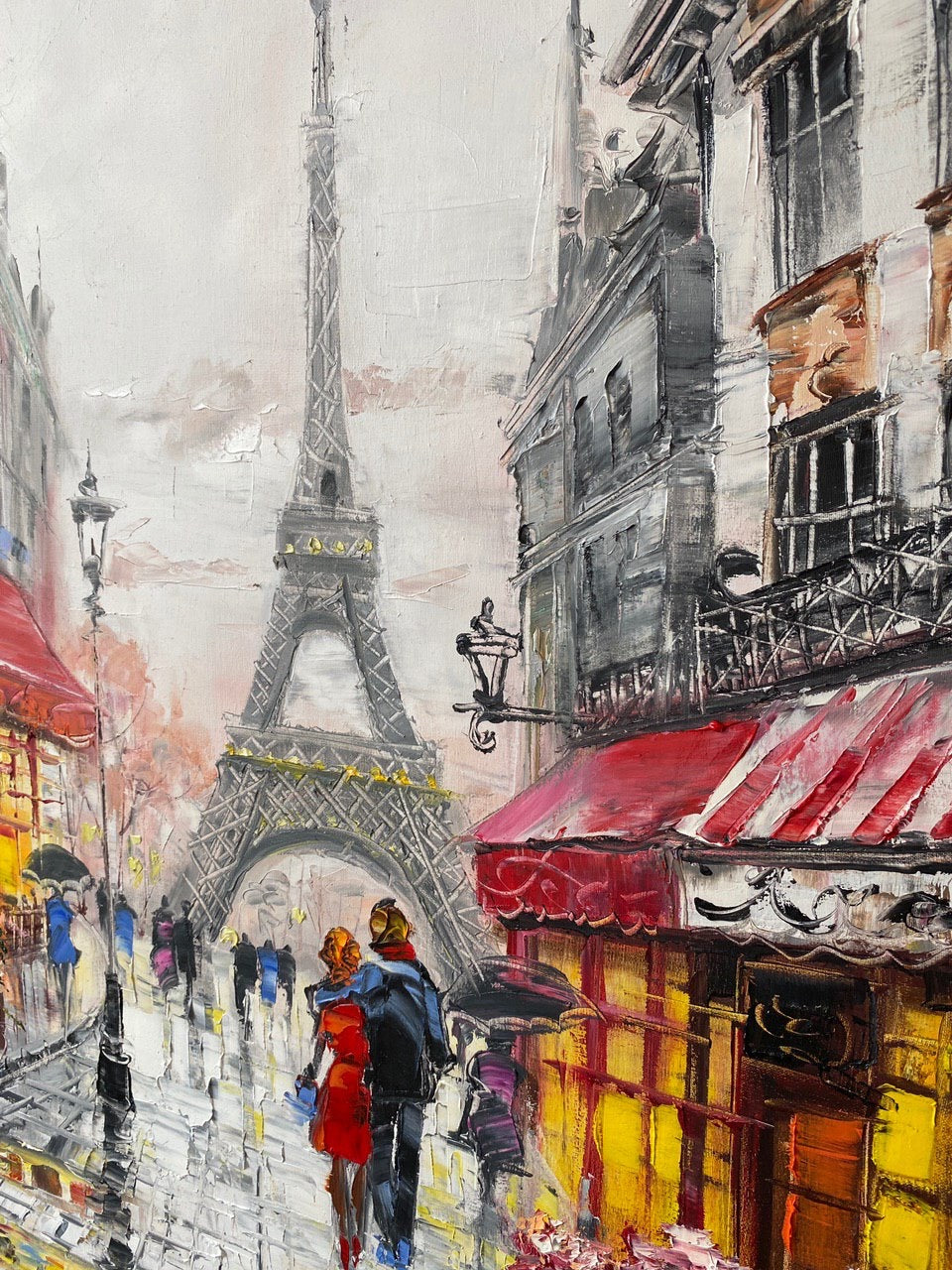 Paris Street Scene Oil Painting on Canvas, Eiffel Tower Painting, Parisian Artwork, Paris Cafe Painting Original