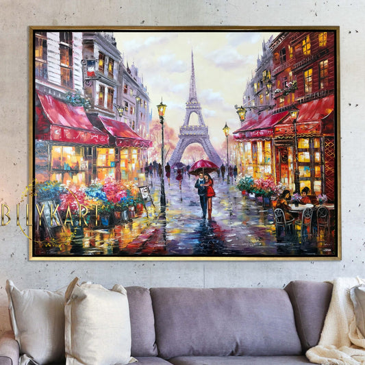 Love in Paris Oil Painting Original Red Umbrella Painting Eiffel Tower Art Evening Walk in Paris Couple in Love Art Night Time Wall Art