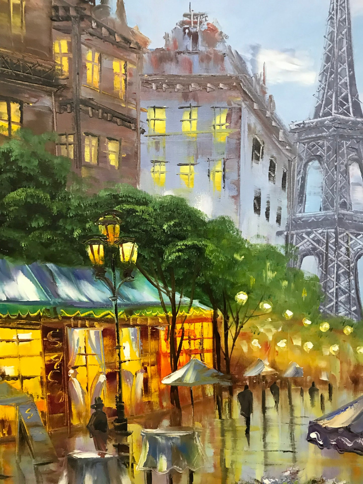 Large Parisian Street Scene Paintings on Canvas French Cafe Wall Art Evening in Paris Painting on Canvas Eiffel Tower Artwork
