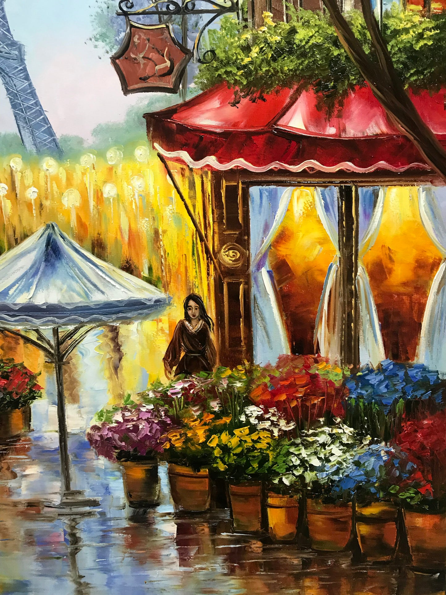 Large Parisian Street Scene Paintings on Canvas French Cafe Wall Art Evening in Paris Painting on Canvas Eiffel Tower Artwork