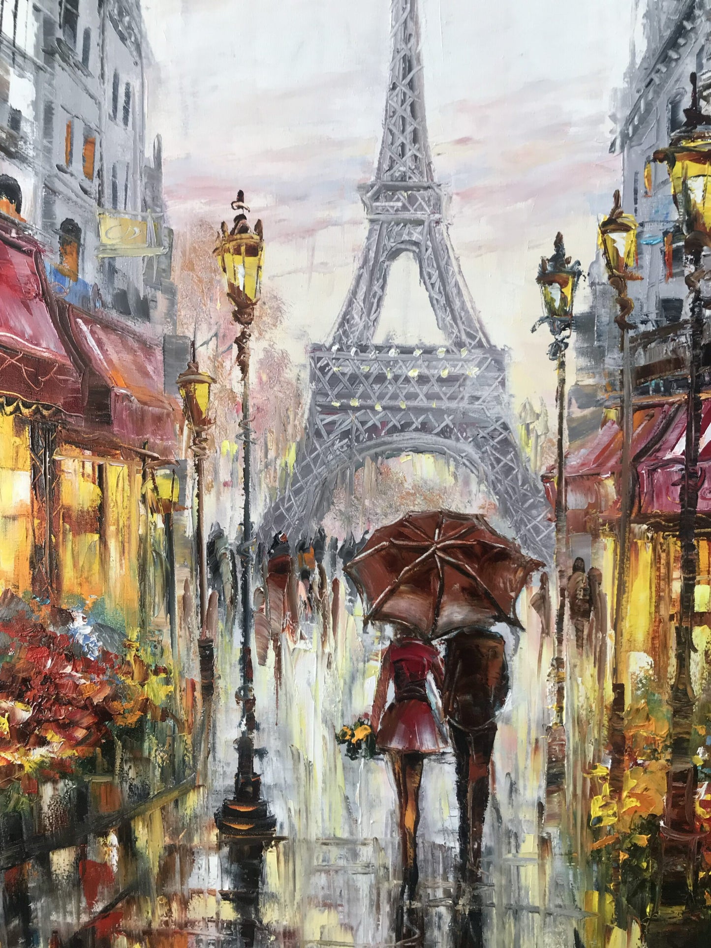 Couple Under Red Umbrella Oil Painting Original Parisian Wall Decor for Bedroom Paris Cityscape Painting on Canvas