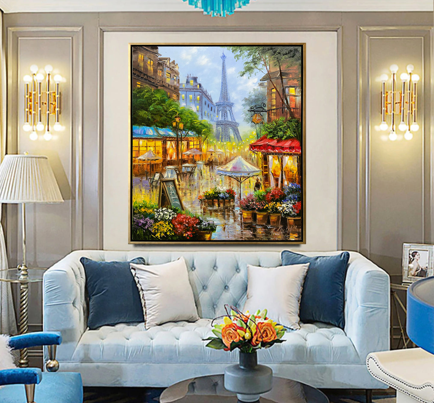 Large Parisian Street Scene Paintings on Canvas French Cafe Wall Art Evening in Paris Painting on Canvas Eiffel Tower Artwork