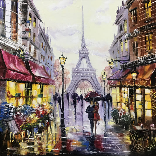 Rainy Day in Paris Painting on Canvas Big Paris Wall Art Parisian Cafe Painting Original Large Parisian Street Scene Oil Painting