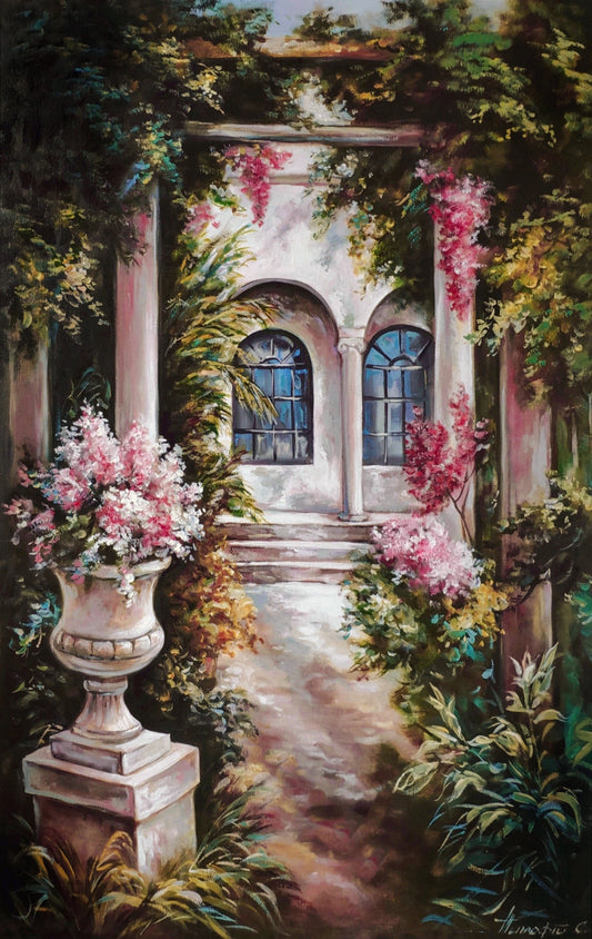 Italian Garden Painting on Canvas Italian Villa Oil Painting Original Flower Garden Wall Art Tuscany Painting Framed