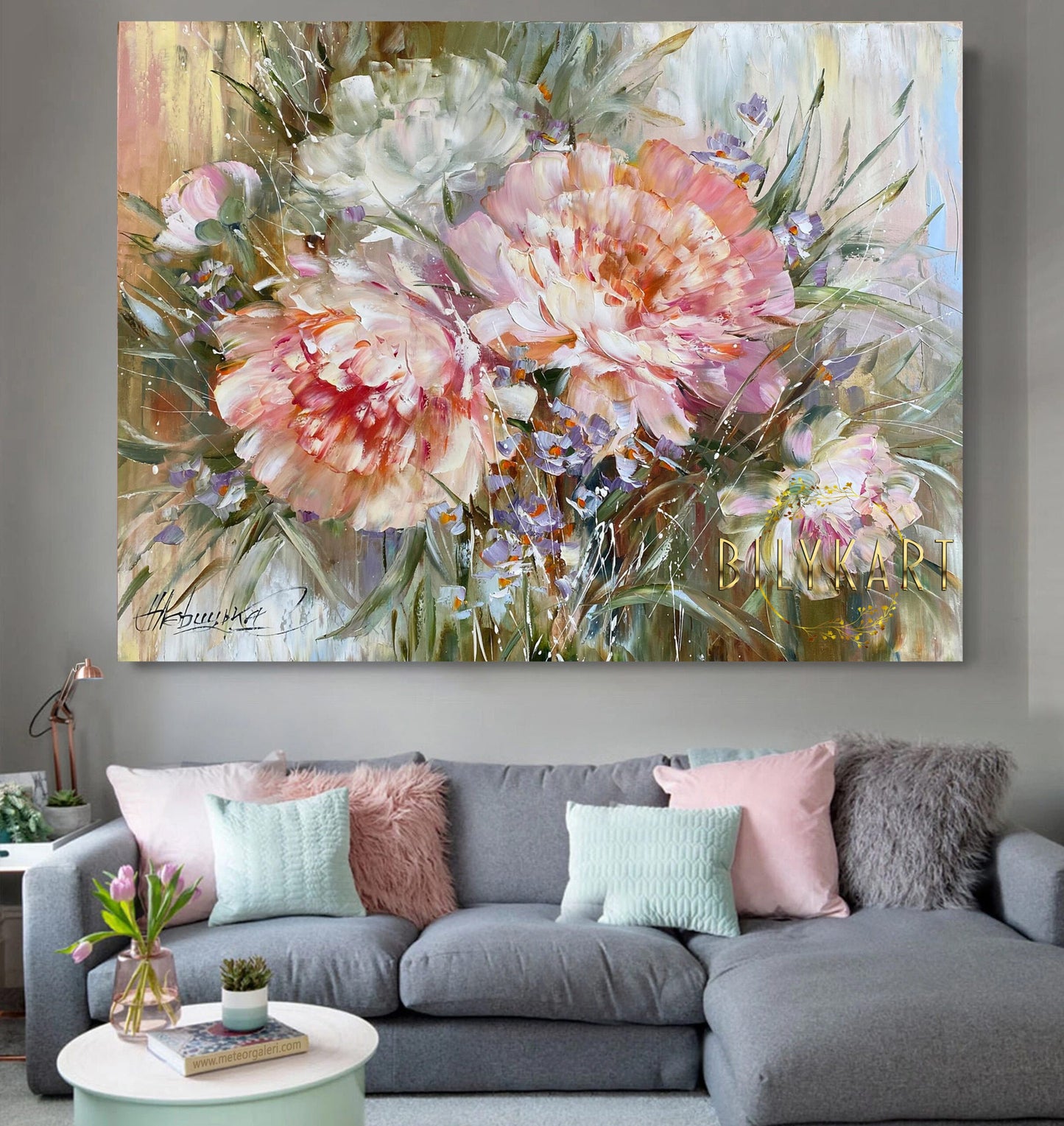 Pink Peonies Painting, Large Oil Paintings of Flowers, Abstract Peony Flowers Oil Painting on Canvas