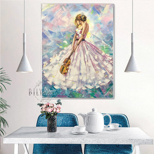 Modern Woman in White Dress Oil Painting Original Abstract Music Framed Art Lady Violin Painting on Canvas
