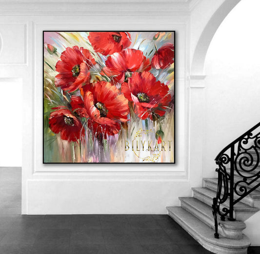 Large Poppy Flower Oil Painting Original Red Flowers Wall Art Ukrainian Poppies Painting on Canvas
