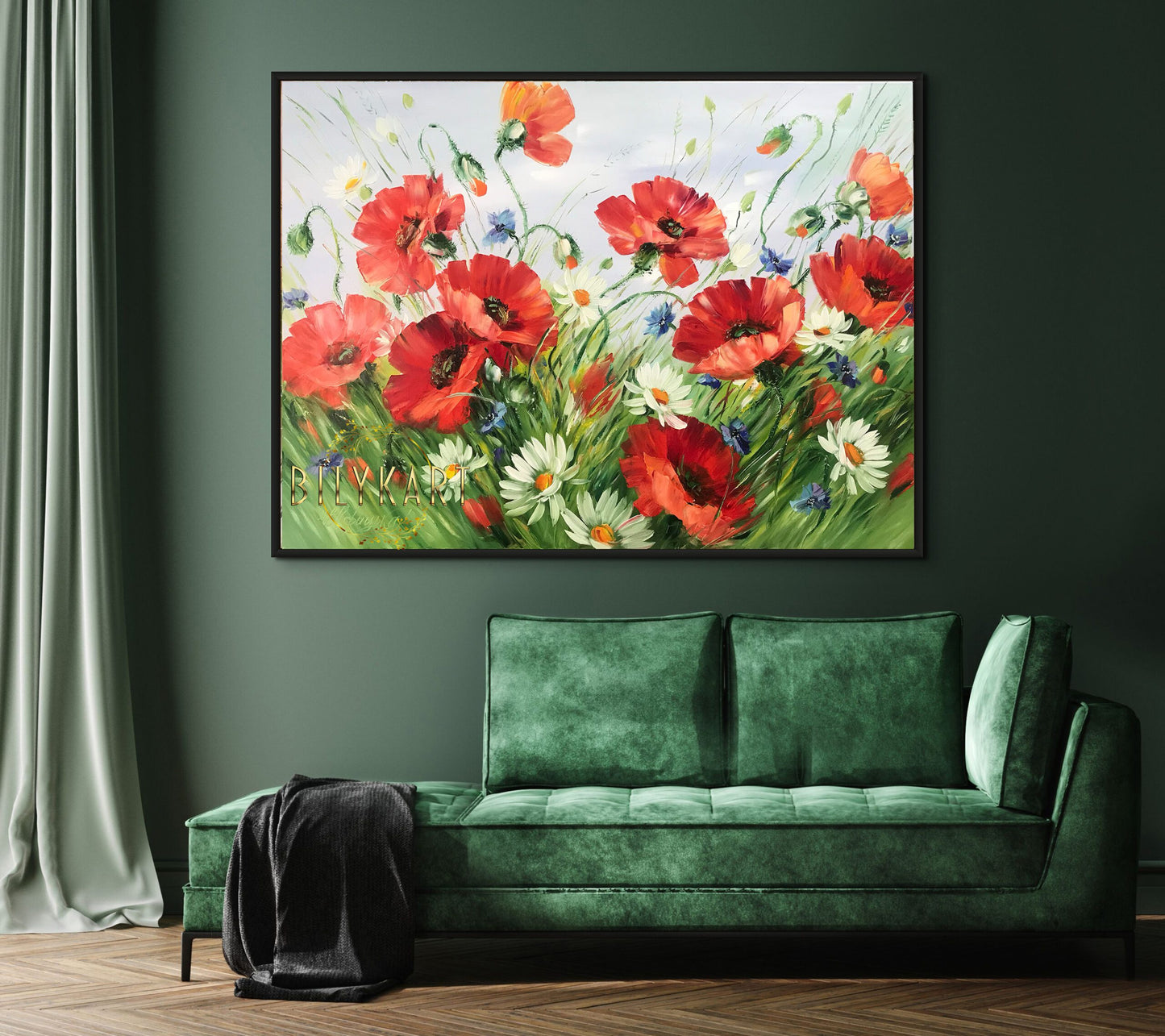 Field of Poppies Painting on Canvas Large Red Poppies Wall Art Original Wildflowers Painting Meadow Poppies and Daisies Oil Painting