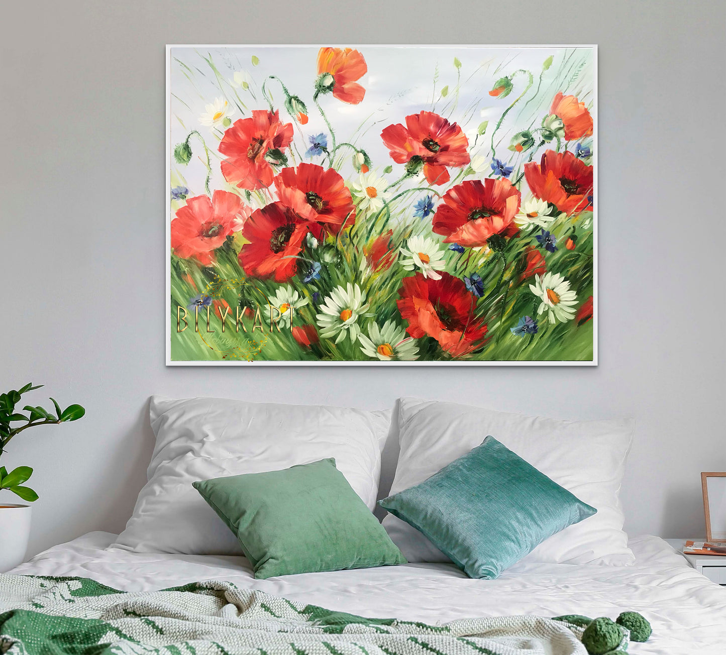 Field of Poppies Painting on Canvas Large Red Poppies Wall Art Original Wildflowers Painting Meadow Poppies and Daisies Oil Painting