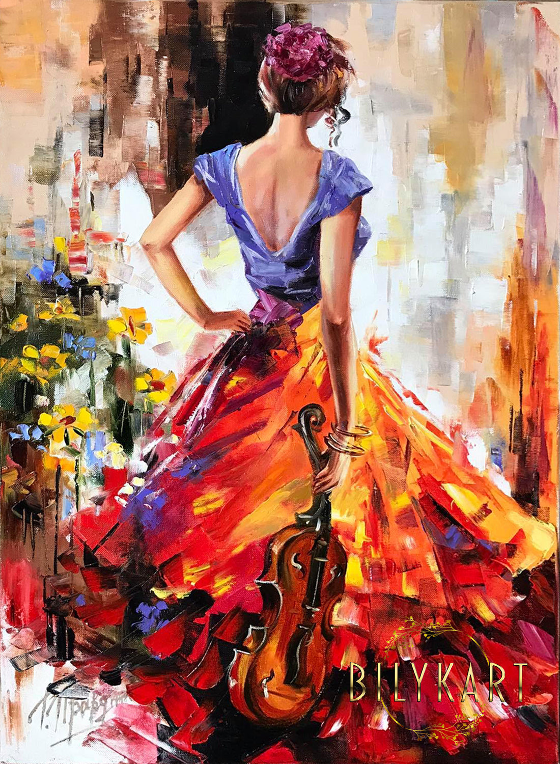 Modern Lady with a Violin Oil Painting, Woman Back Painting by BilykArt Gallery