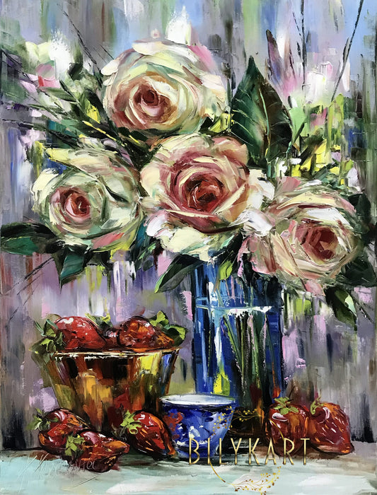 Abstract Flowers in Vase Paintings on Canvas Large Roses Bouquet Oil Painting Original Abstract Still Life with Flowers in a Glass Vase Artwork
