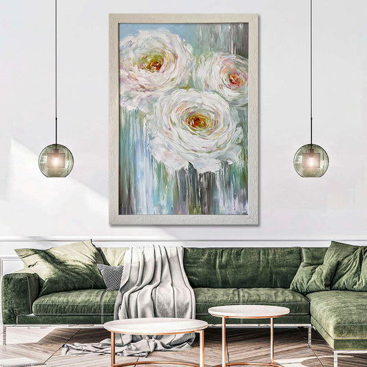 Large Flower Painting Abstract White Flowers Wall Art Contemporary Floral Oil Artwork Modern Rose Flower Painting Roses Vertical Wall Decor