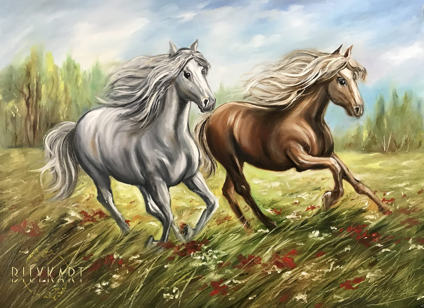 2 Running Horses Oil Painting on Canvas Wild Animal Wall Art Brown and White Horse Painting