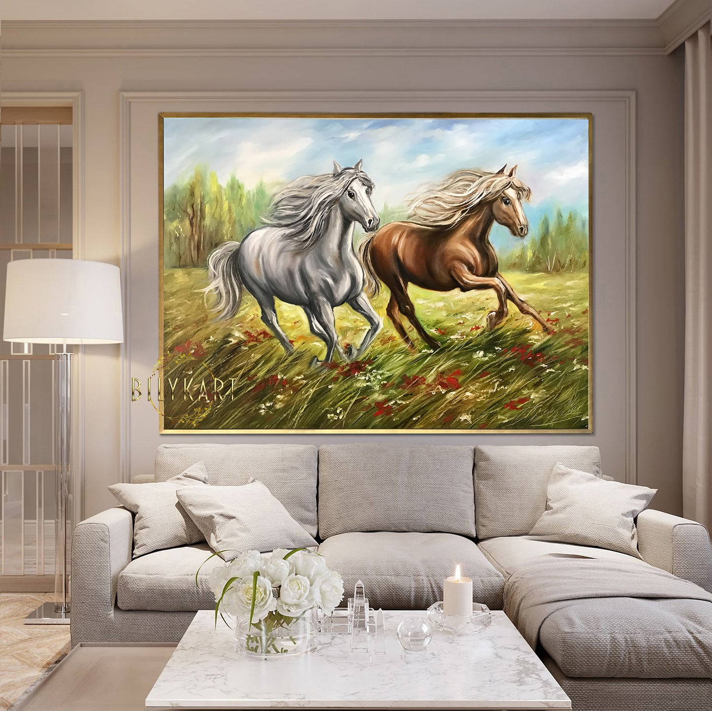 2 Running Horses Oil Painting on Canvas Wild Animal Wall Art Brown and White Horse Painting