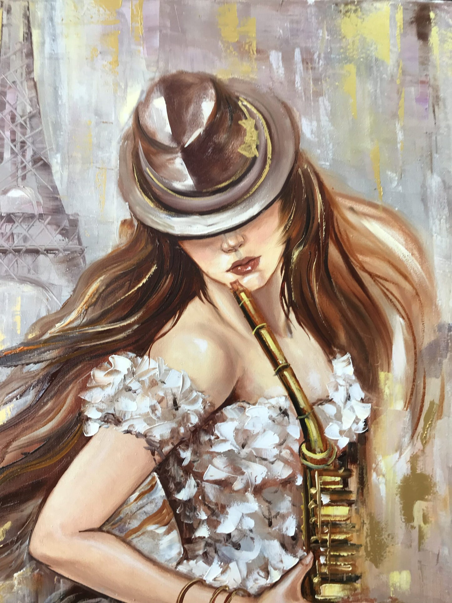 Girl Playing Saxophone Painting on Canvas Saxophonist Player Wall Art Paris France Oil Painting Large Abstract Jazz Player Painting