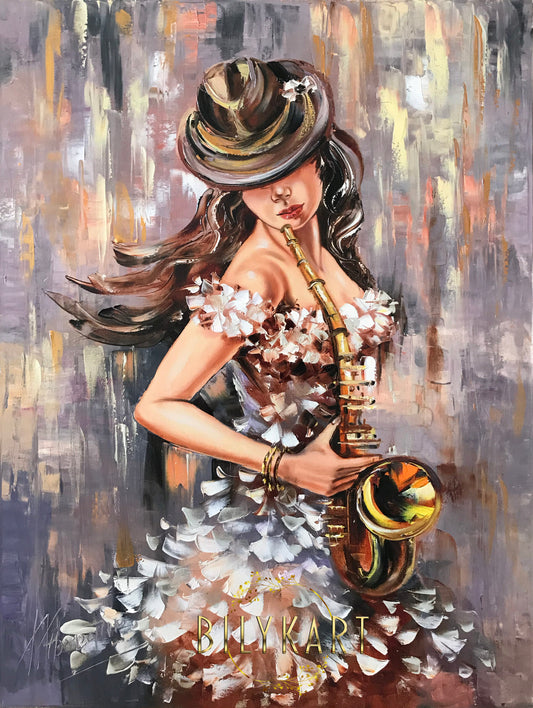 Abstract Figurative Painting Woman Playing Saxophone Oil Painting Original Abstract Figurative Art Jazz Painting Gray Gold Painting Abstract Woman Art