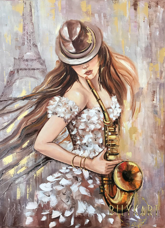 Girl Playing Saxophone Painting on Canvas Saxophonist Player Wall Art Paris France Oil Painting Large Abstract Jazz Player Painting