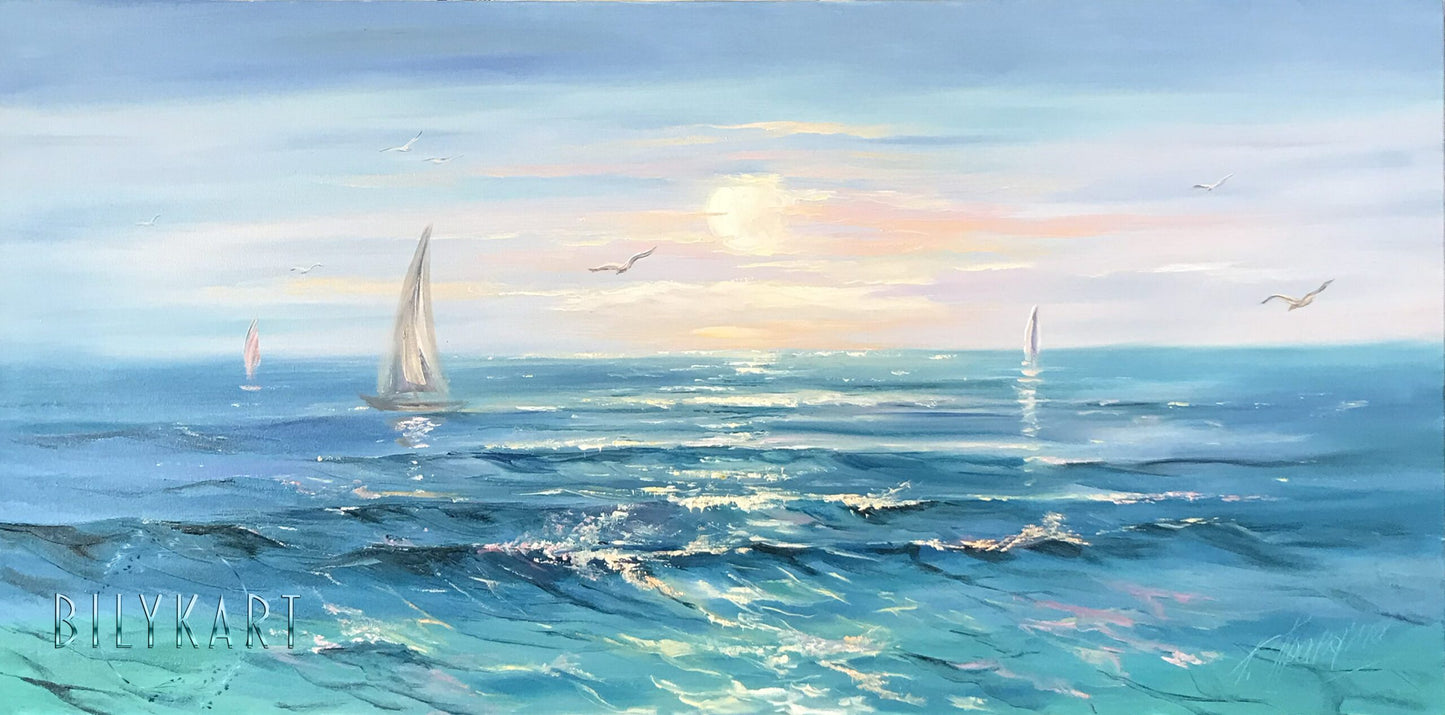 Large Seascape Paintings Abstract Blue Sea Waves Wall Art Beautiful Sea Sunset Oil Painting Big Blue Ocean Painting Boat Artwork
