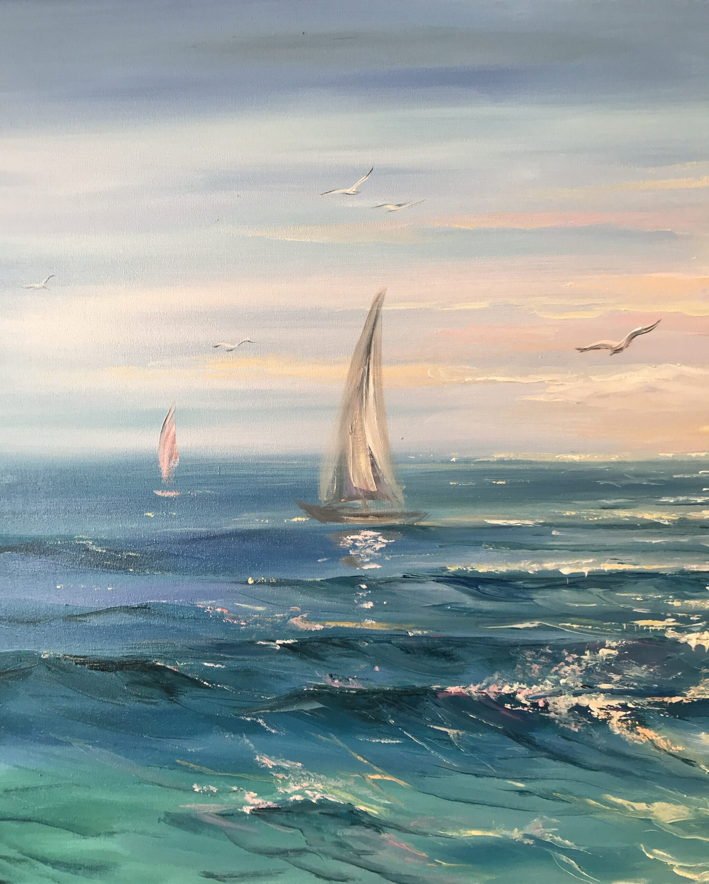 Large Seascape Paintings Abstract Blue Sea Waves Wall Art Beautiful Sea Sunset Oil Painting Big Blue Ocean Painting Boat Artwork