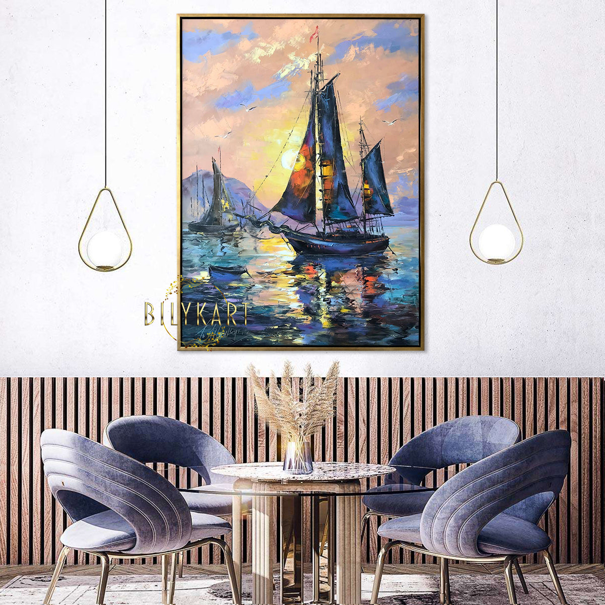 Sailboats Sunset Seascape Oil Painting, Blue Ocean Marine Wall Art, Colorful Sailing Ship Sea Painting