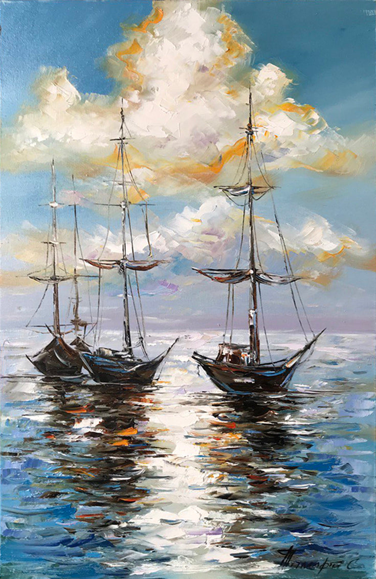 Large Sailboat Oil Painting Original Sea Sunset Oil Painting Sailing Art Sail Boat Wall Decor Peaceful Wall Art Seaside Decor Boats at Sea Sunset Painting