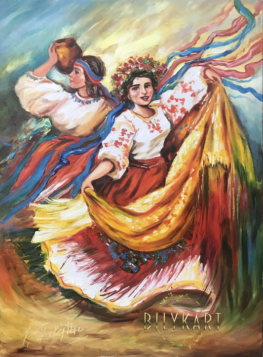 Ukrainian Dancers Painting on Canvas Ukraine Folk Art Dancing Girl Oil Painting Original Colorful Ukrainian Framed Art