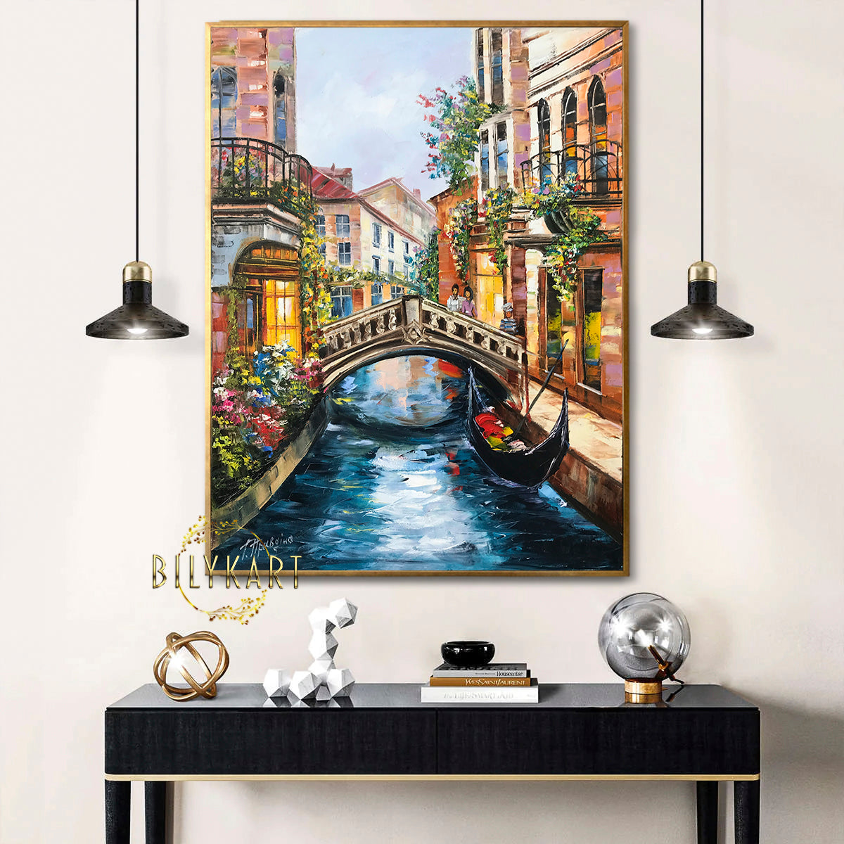 Venice Italy Painting on Canvas Italian Cityscape Oil Painting Original Venice Gondola Artwork Venetian Canal Painting Framed Art