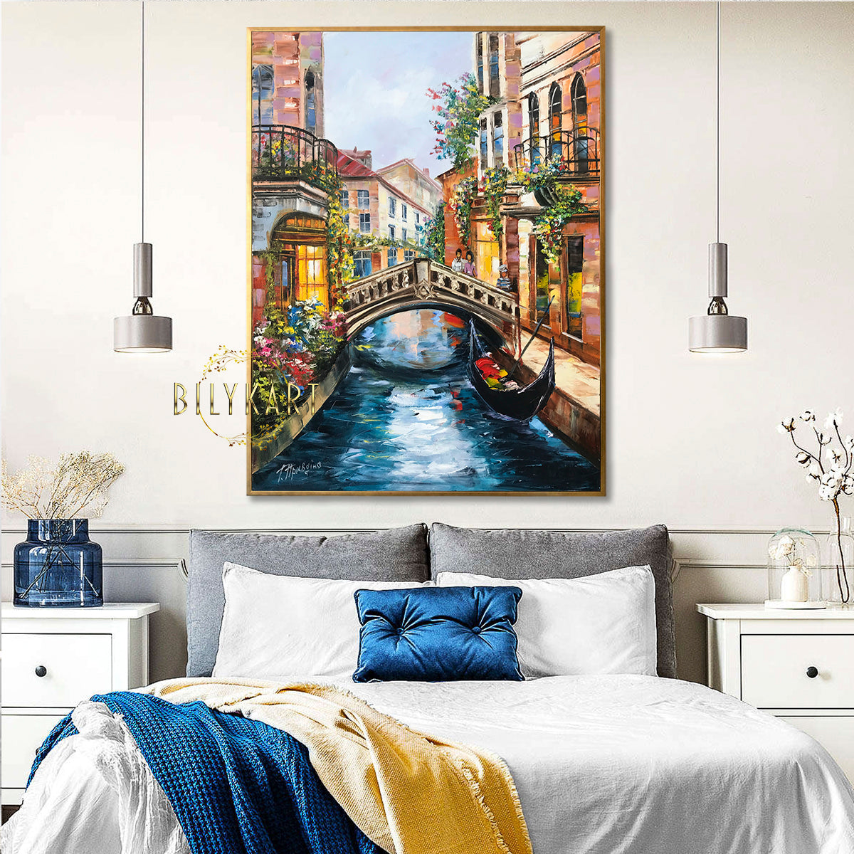 Venice Italy Painting on Canvas Italian Cityscape Oil Painting Original Venice Gondola Artwork Venetian Canal Painting Framed Art
