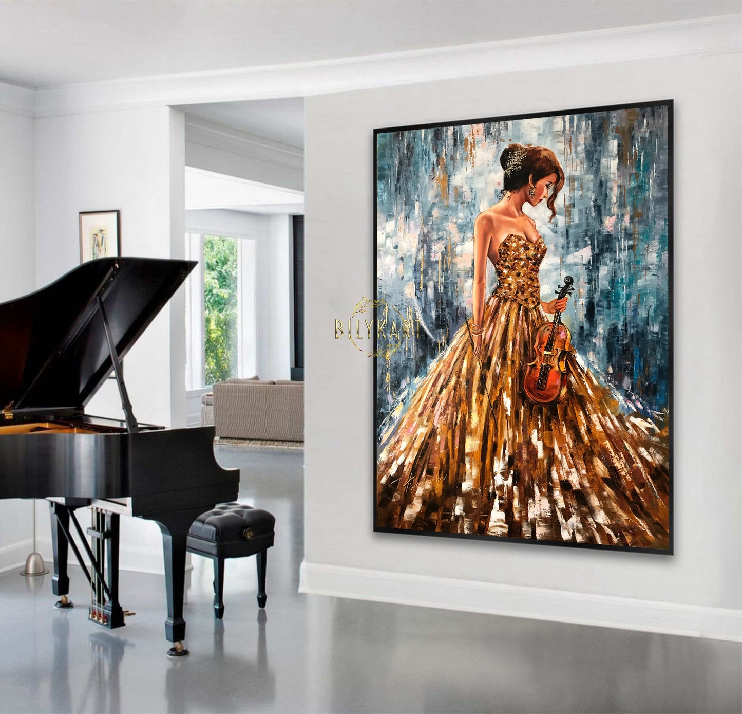Gorgeous Girl with Violin Oil Painting Original Abstract Woman Wall Art Blue Gold Painting