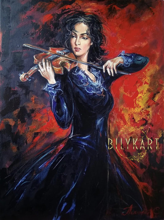 Pretty Woman Playing Violin Painting on Canvas Large Modern Girl Oil Painting Original Classical Music Wall art large red black paintingsÂ