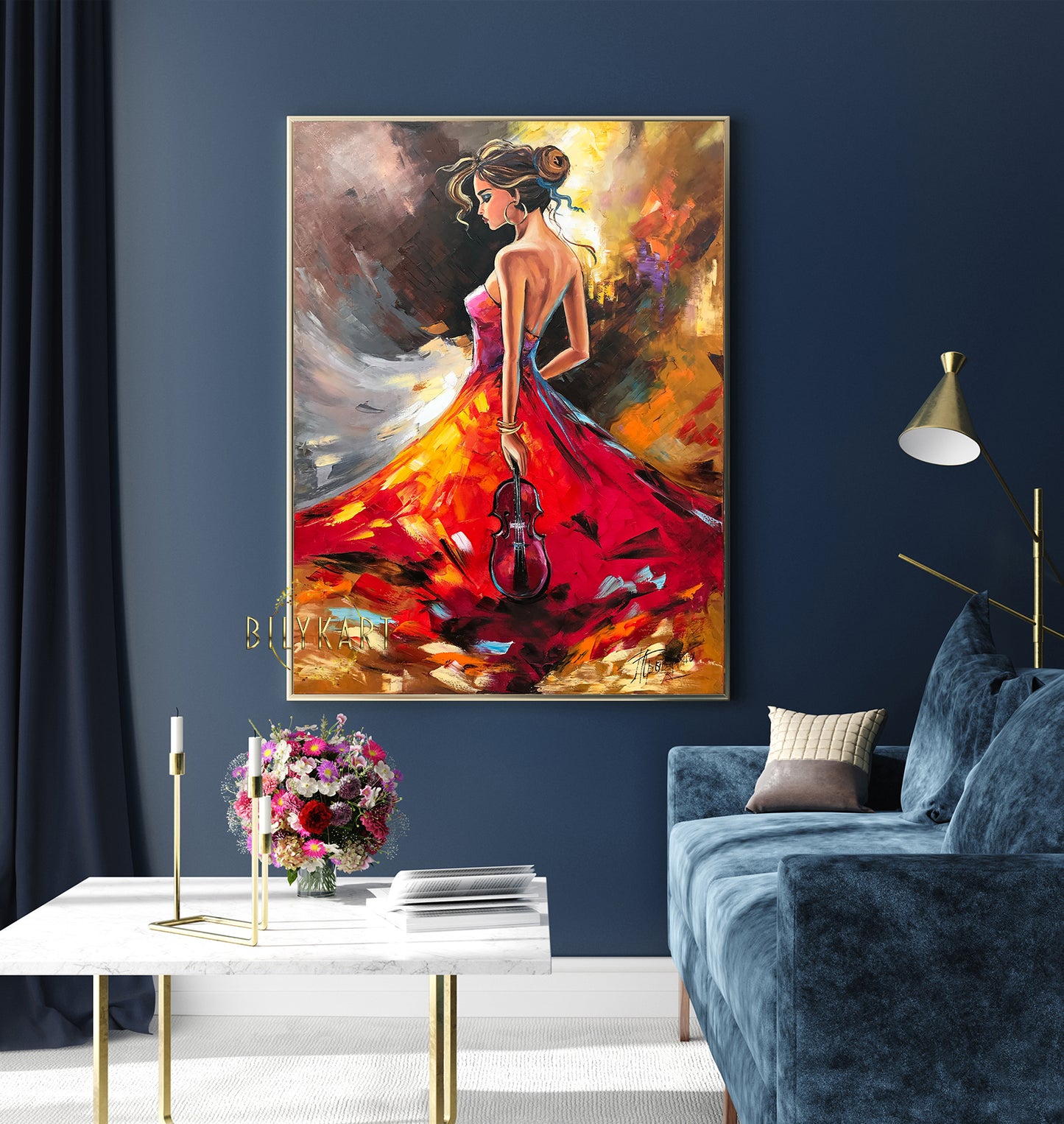 Violinist painting, Music player wall art, Original girl with violin oil painting, Musician gift for him, Woman Back Painting