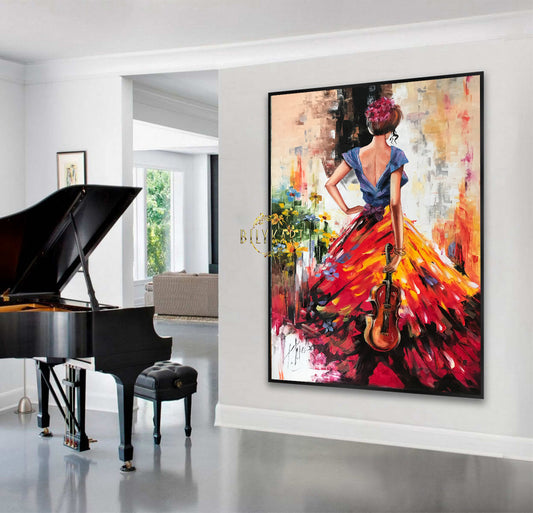 Abstract Beautiful Woman Oil Painting of a Violinist Large Violin Music Canvas Painting Original Lady in the Red Dress Art