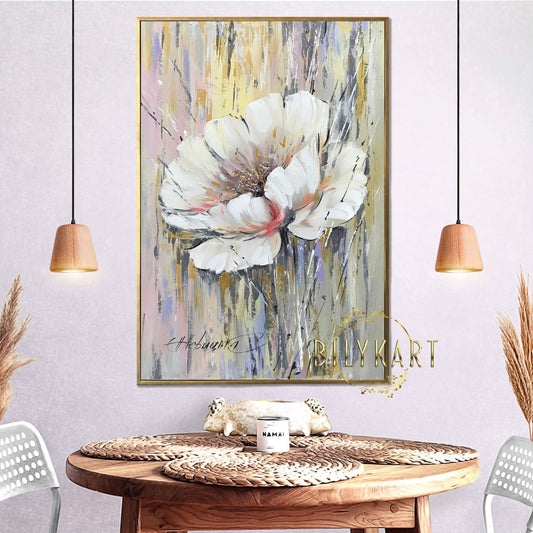 Large Abstract Flower Painting Gold White Floral Wall Decor Large Floral Oil Artwork Single White Flower Oil Painting Original Art