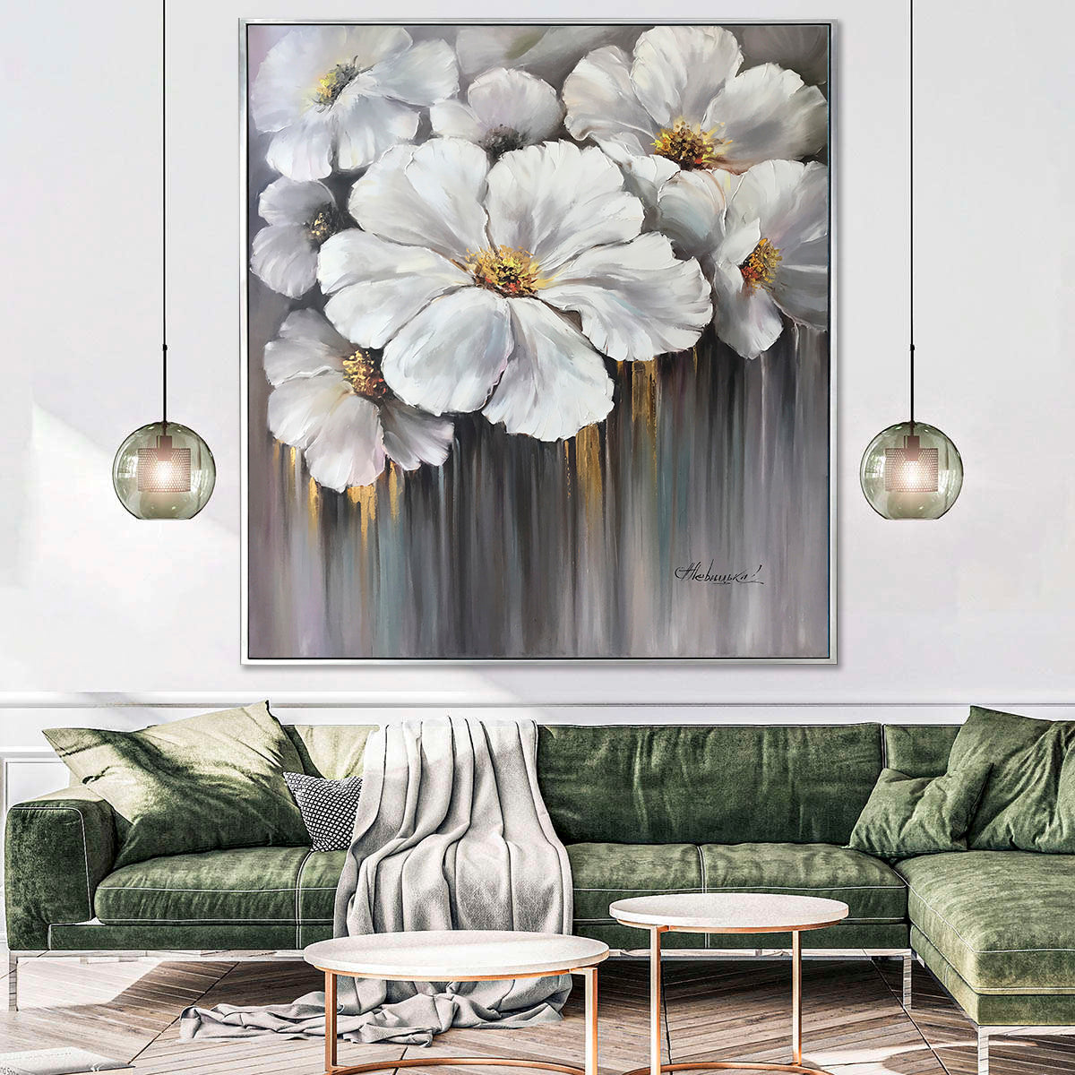 Extra Large White Flowers Painting on Canvas White and Gold Flower Wall Decor Flowers in Bloom Oil Painting