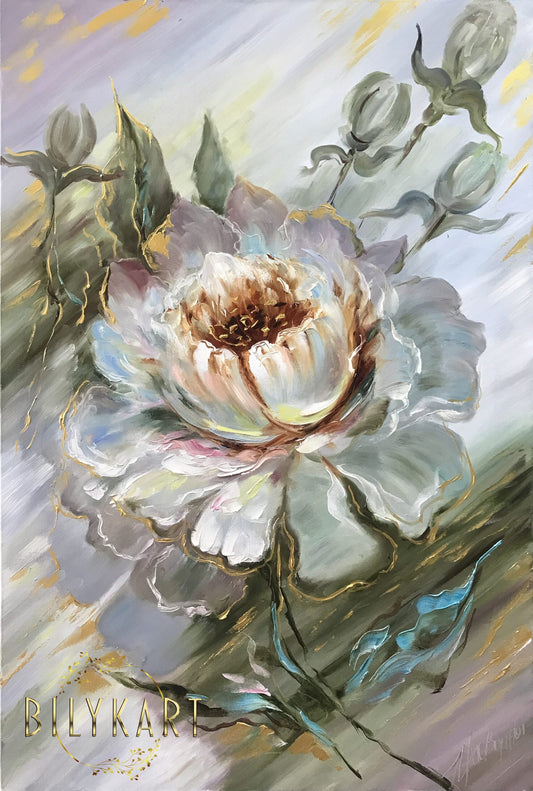 Extra Large Flower Oil Painting on Canvas Abstract White Green Floral Canvas Wall Art Oversized White Flower Painting 40x60"