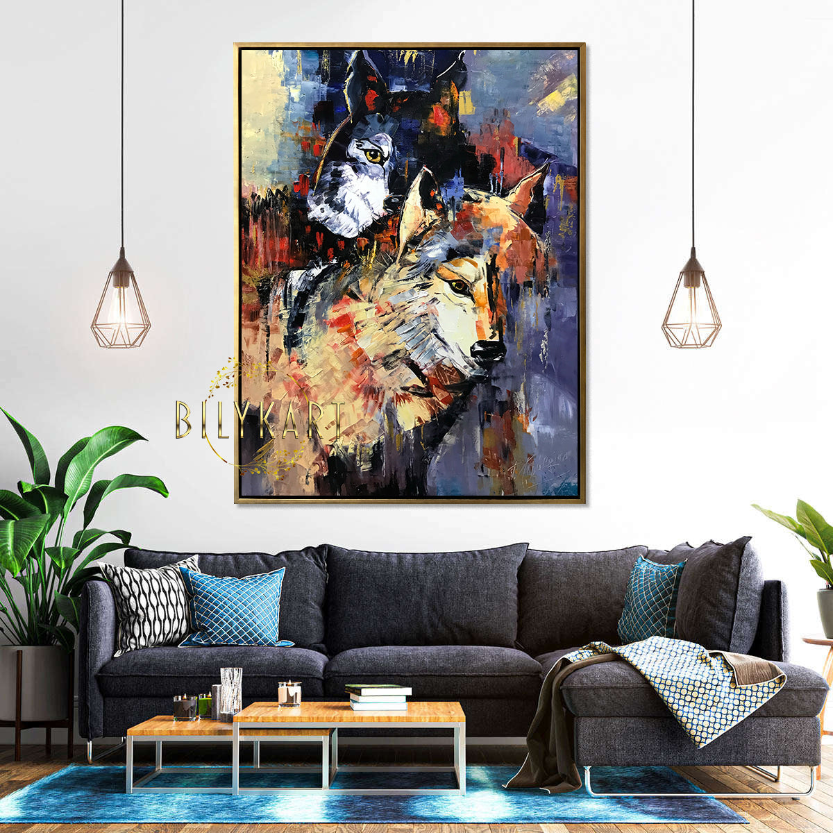 Large Wolves Painting on Canvas, Two Wolves Wall Art, Abstract Wolf Oil Painting, Wildlife Wall Decor