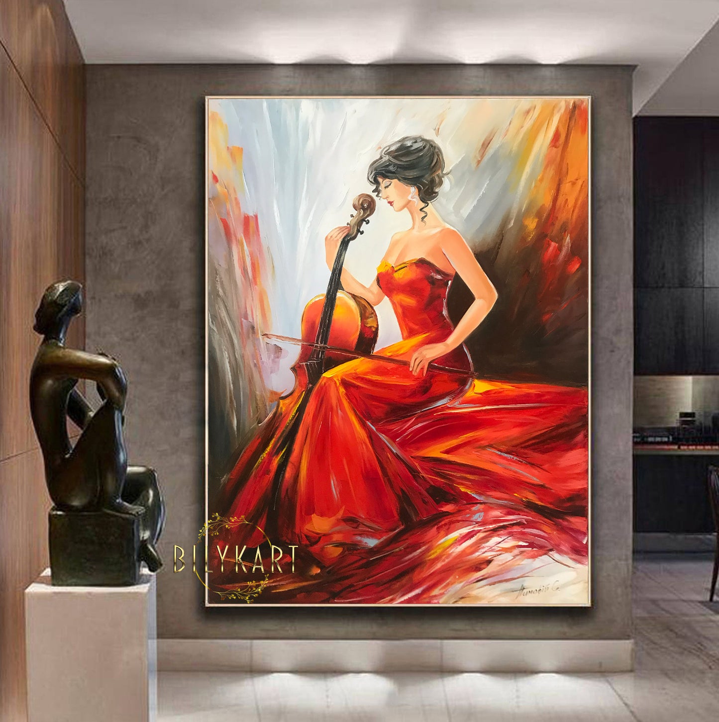 Woman Playing Cello Painting on Canvas Classical Music Player Framed Wall Art Girl with Cello Oil Painting Music Artwork