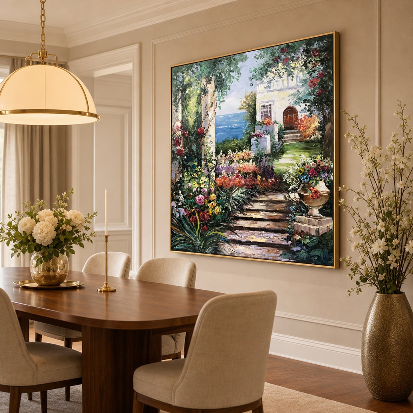 Romantic Garden Oil Painting Original Hand-Painted Artwork of Tuscany Mediterranean Garden Wall Art, Italian Villa Painting