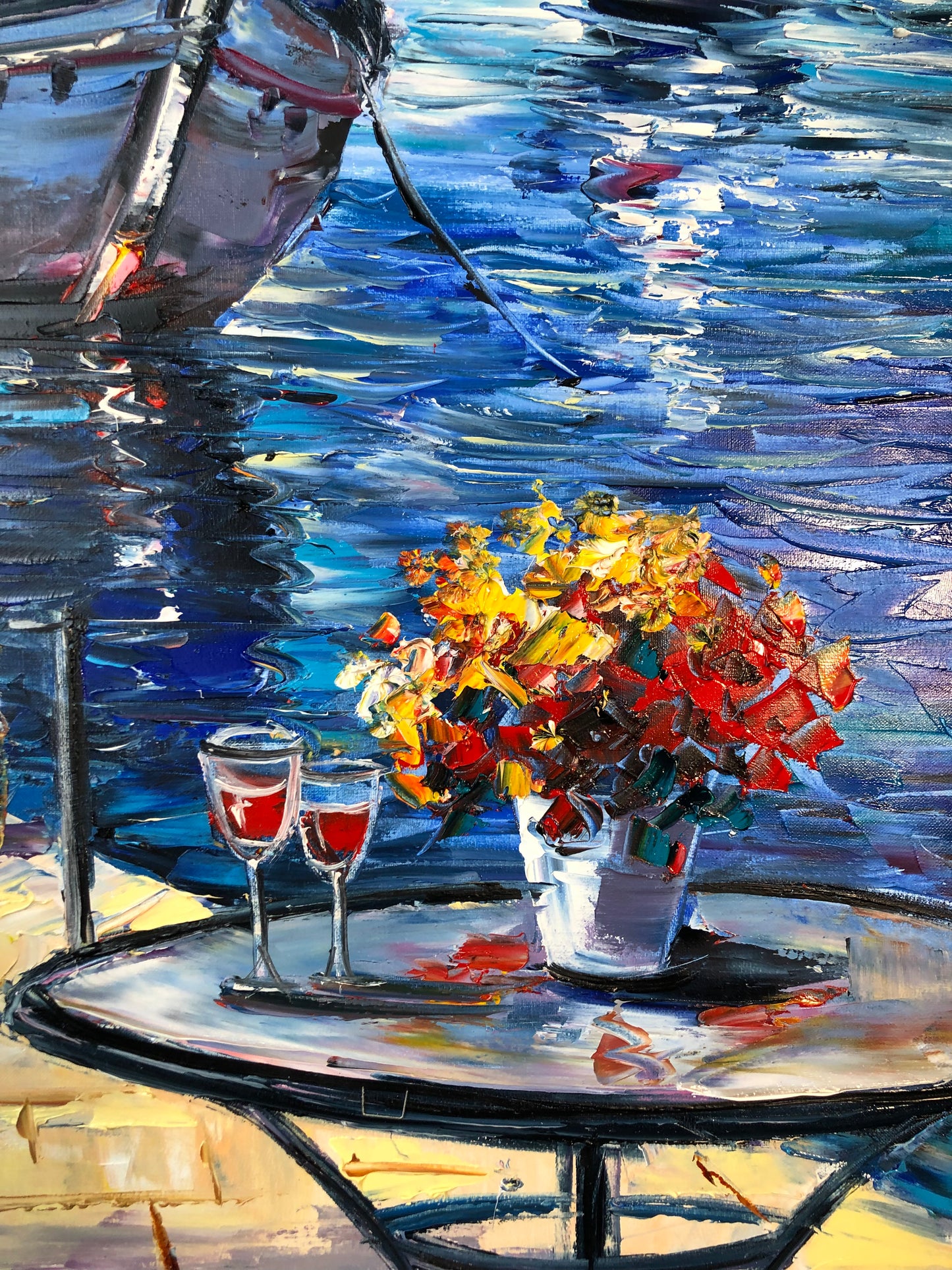 Mediterranean Cafe Oil Painting on Canvas, Extra Large Seascape Canvas Wall Art, Greece Artwork