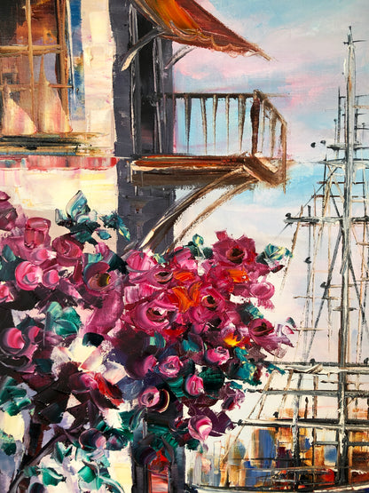 Mediterranean Cafe Oil Painting on Canvas, Extra Large Seascape Canvas Wall Art, Greece Artwork