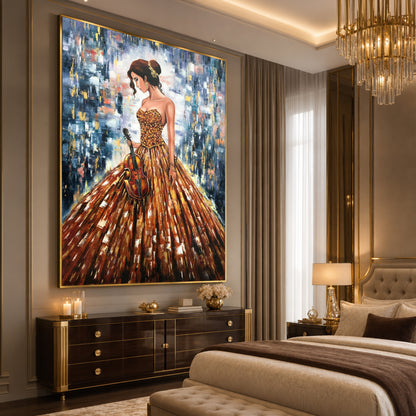 Elegant Lady in Gown Painting | Luxury Classical Music Artwork | Original Violin Woman Oil Painting on Canvas