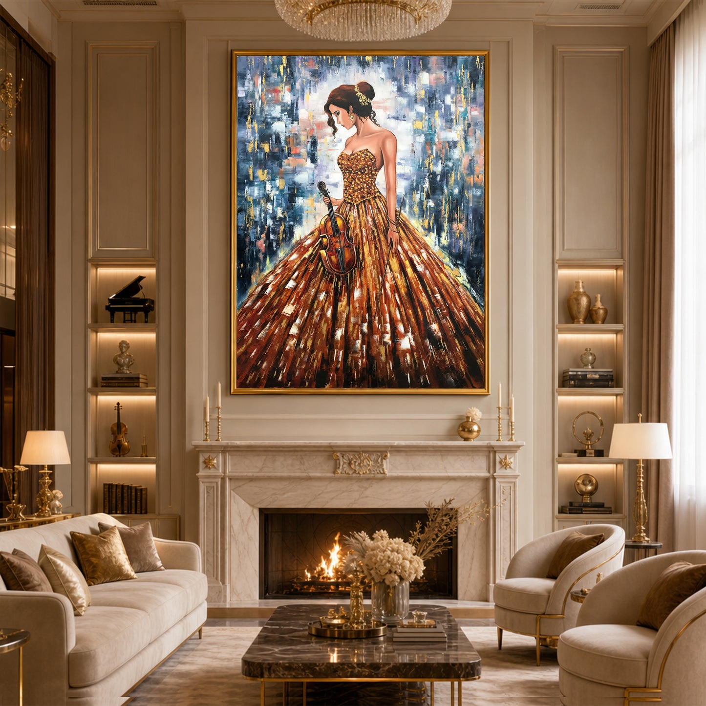 Elegant Lady in Gown Painting | Luxury Classical Music Artwork | Original Violin Woman Oil Painting on Canvas