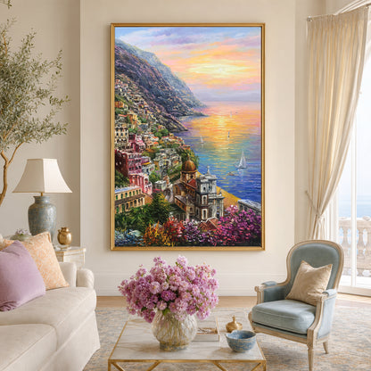 Positano Amalfi Coast Oil Painting Original, Famous Painting Italy Wall Art, Most Beautiful Coastal Italian Towns Painting
