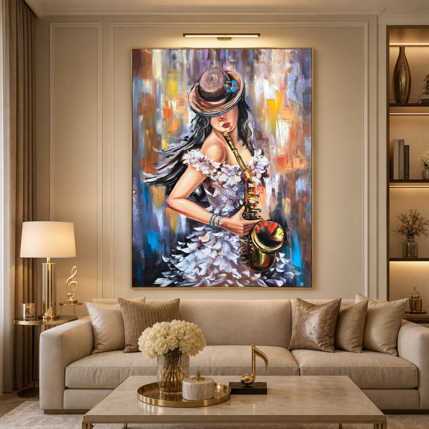 Woman Playing Saxophone Painting | Female Musician Jazz Wall Art | Original Abstract Saxophonist Oil Painting Decor
