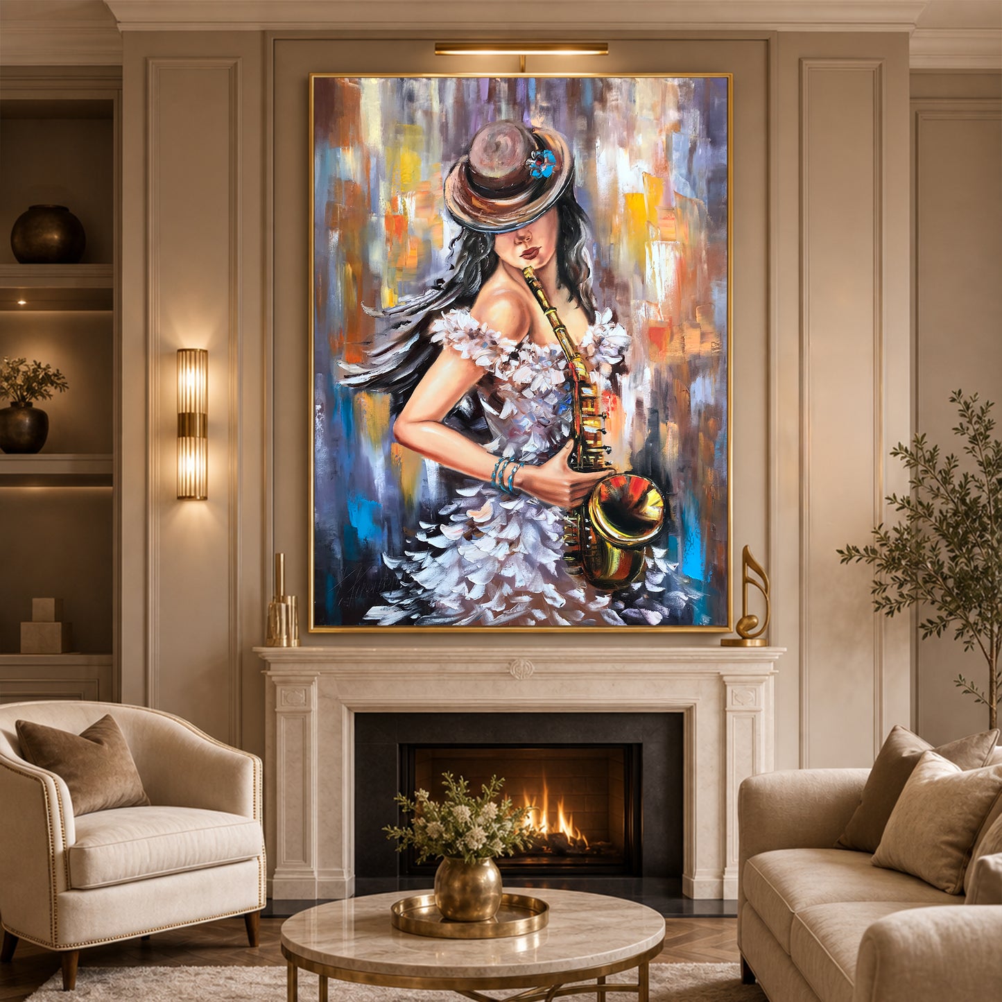 Woman Playing Saxophone Painting | Female Musician Jazz Wall Art | Original Abstract Saxophonist Oil Painting Decor