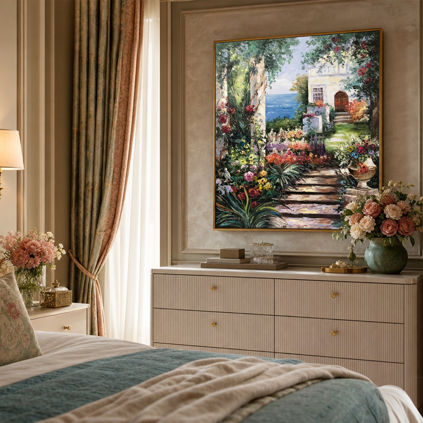 Romantic Garden Oil Painting Original Hand-Painted Artwork of Tuscany Mediterranean Garden Wall Art, Italian Villa Painting