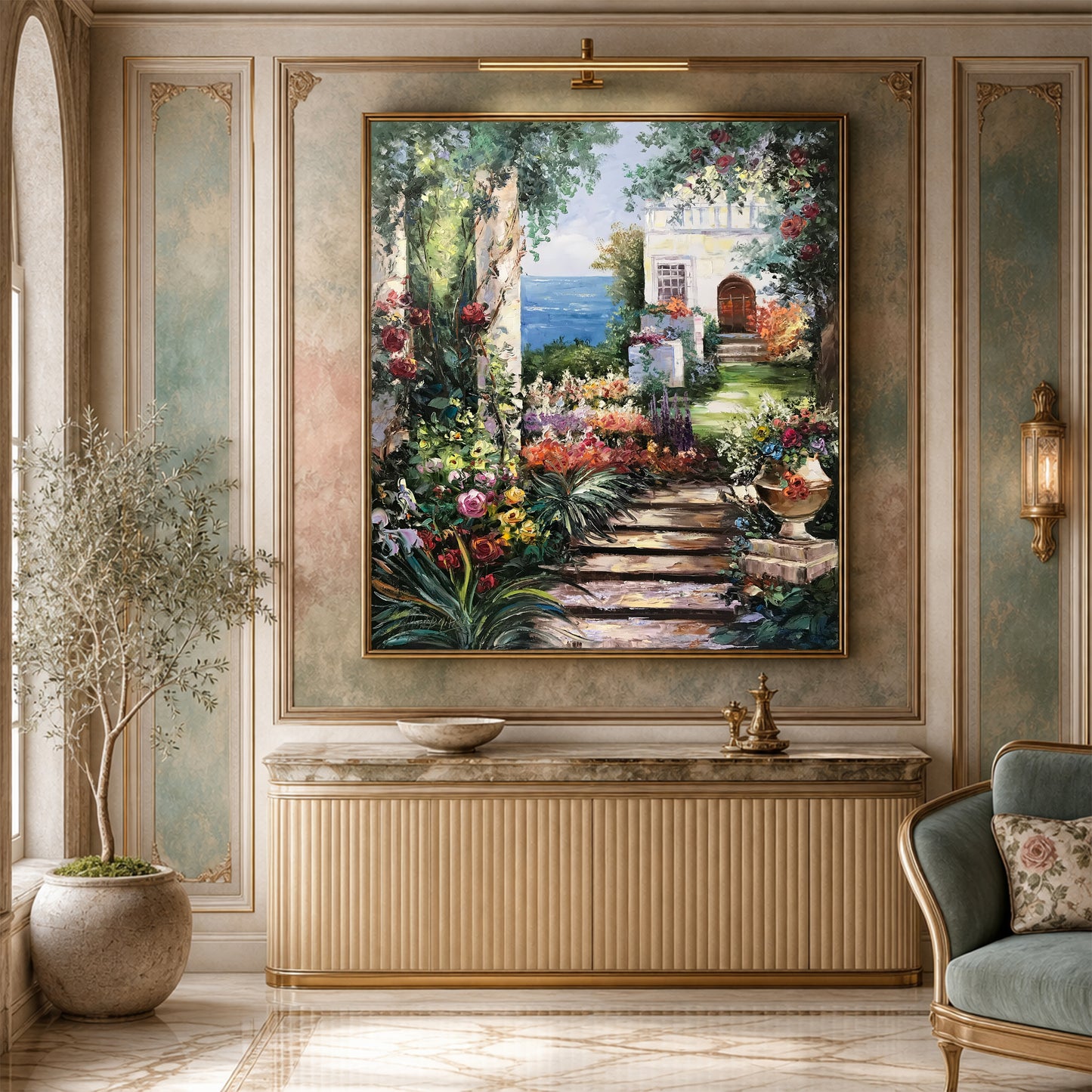 Romantic Garden Oil Painting Original Hand-Painted Artwork of Tuscany Mediterranean Garden Wall Art, Italian Villa Painting