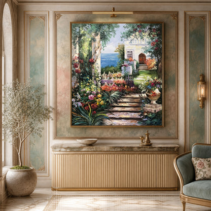 Romantic Garden Oil Painting Original Hand-Painted Artwork of Tuscany Mediterranean Garden Wall Art, Italian Villa Painting