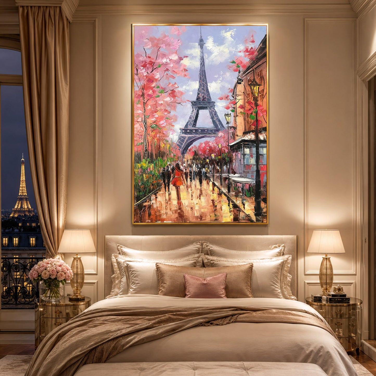Springtime in Paris Painting Original Eiffel Tower Wall Decor Parisian Street Scene Oil Painting Paris Cafe Atwork